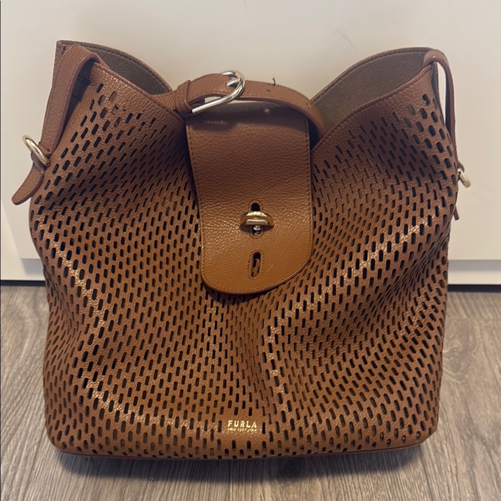 Furla Brown Woven Leather Shoulder Bag